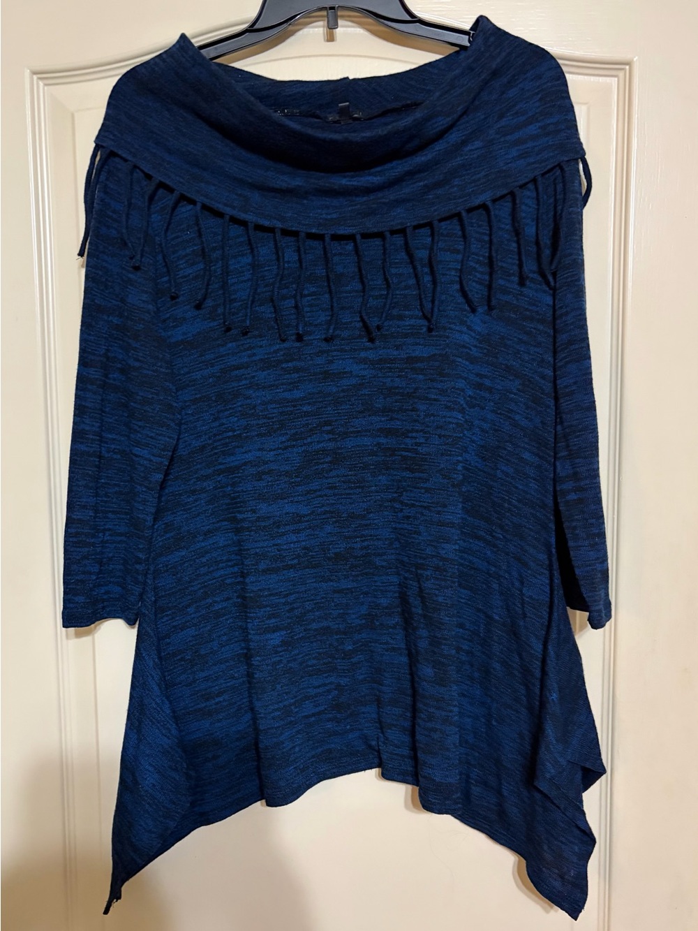 Hannah Women’s L Navy Blue Cowl Neck Fringe Hi Low Tunic Top